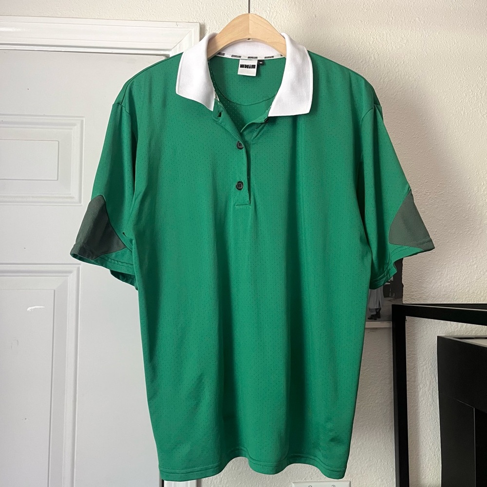 WHIM green white mesh athletic sport active polo‎ short sleeve shirt